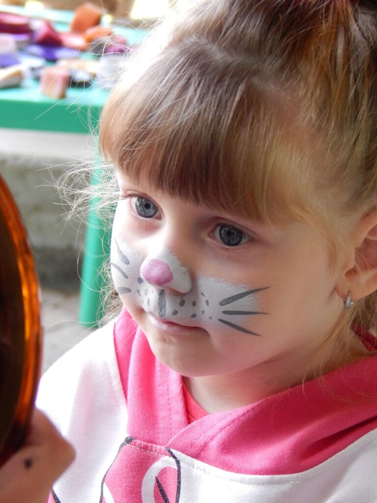 child, cat, girl, face, painting, bodyart, animal, pet, portrait